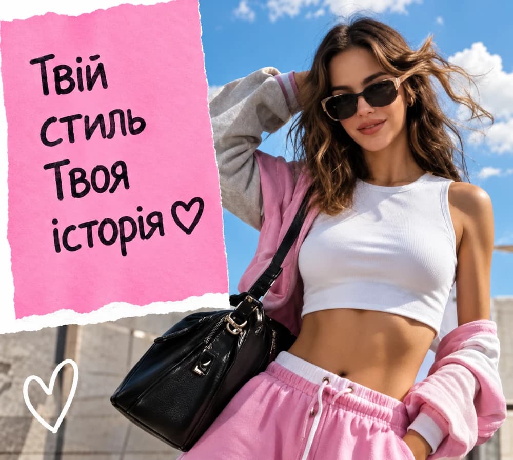 Білий топ, рожеві штани та чорна сумка